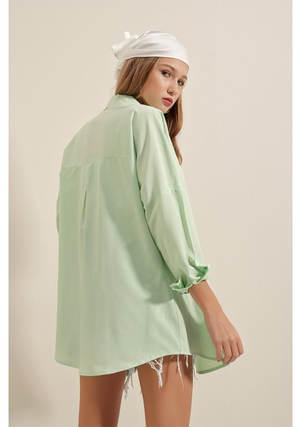 3900 Oversize Uzun Basic Gömlek - E.yeşil
