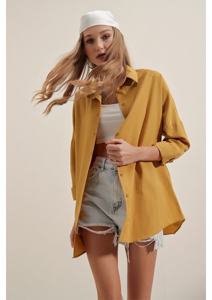 3900 Oversize Uzun Basic Gömlek - Hardal fiyatları