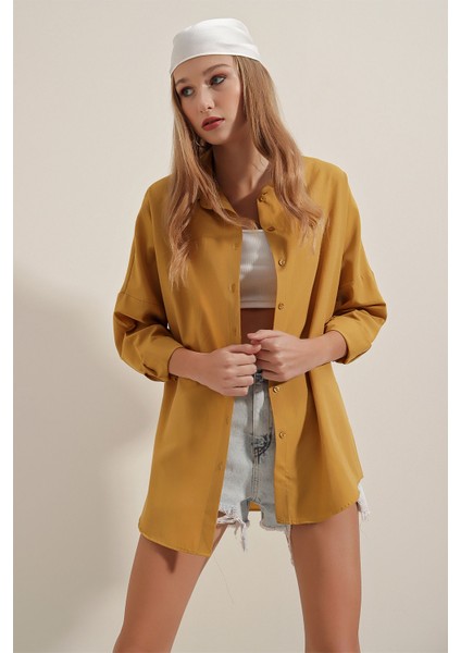 3900 Oversize Uzun Basic Gömlek - Hardal modelleri