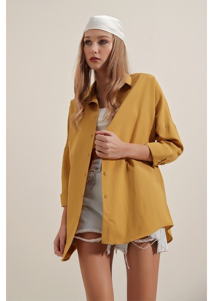3900 Oversize Uzun Basic Gömlek - Hardal fırsatları