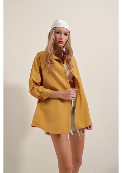 3900 Oversize Uzun Basic Gömlek - Hardal indirimleri