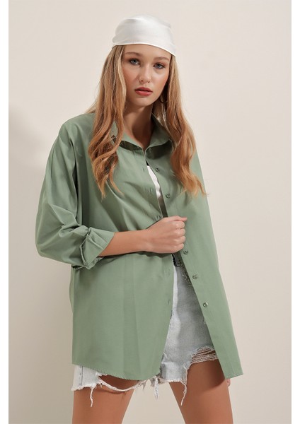 3900 Oversize Uzun Basic Gömlek - A.haki
