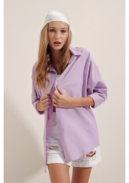 3900 Oversize Uzun Basic Gömlek - Lila