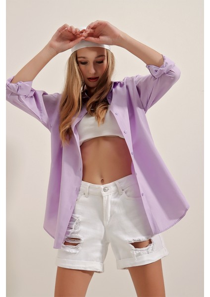 3900 Oversize Uzun Basic Gömlek - Lila
