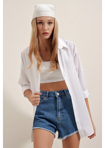 3900 Oversize Uzun Basic Gömlek - Beyaz fiyatları