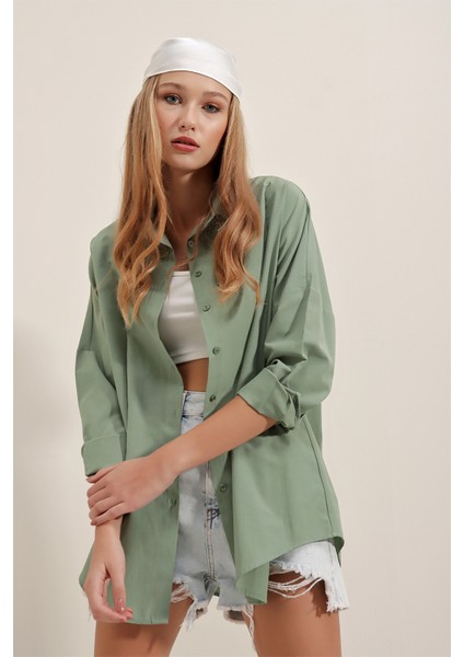 3900 Oversize Uzun Basic Gömlek - A.haki