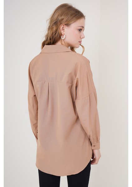 3900 Oversize Uzun Basic Gömlek - Camel indirimleri
