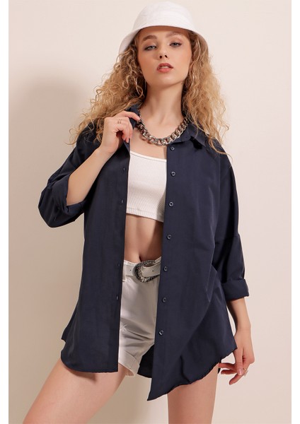 3900 Oversize Uzun Basic Gömlek - Lacivert