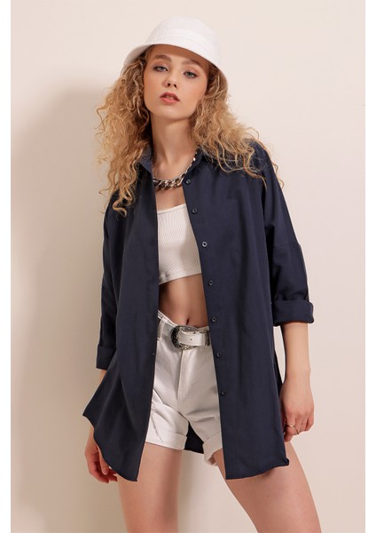 3900 Oversize Uzun Basic Gömlek - Lacivert fiyatları