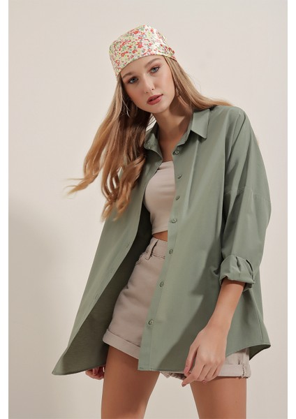 3900 Oversize Uzun Basic Gömlek - Haki