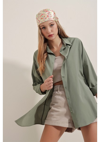 3900 Oversize Uzun Basic Gömlek - Haki