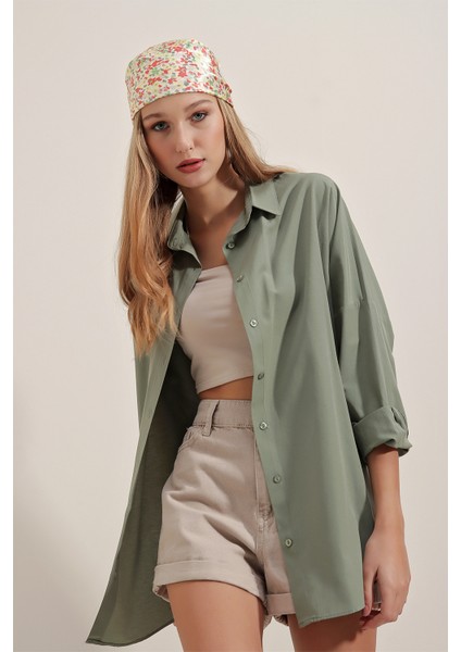 3900 Oversize Uzun Basic Gömlek - Haki