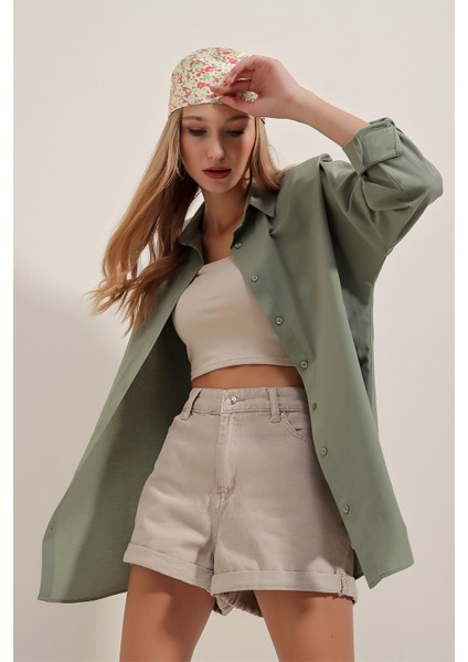 3900 Oversize Uzun Basic Gömlek - Haki