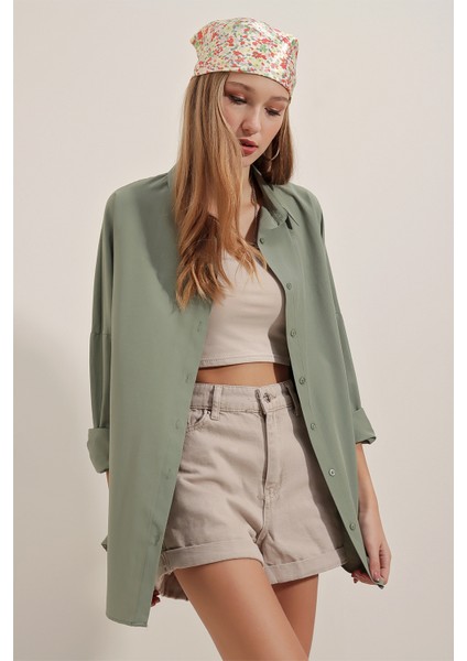 3900 Oversize Uzun Basic Gömlek - Haki