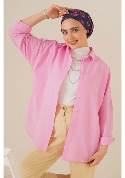 103901 Oversize Basic Tesettür Gömlek - Pembe