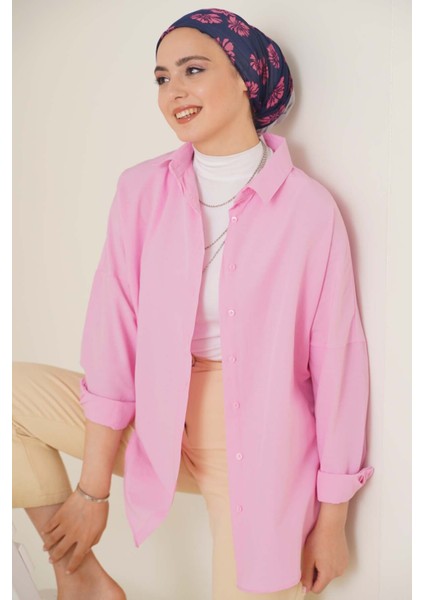 103901 Oversize Basic Tesettür Gömlek - Pembe