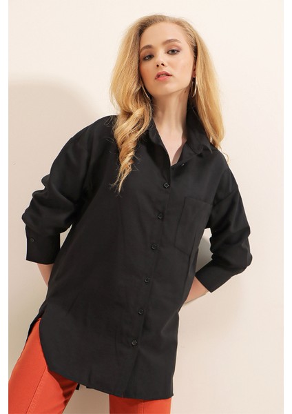 3952 Arkası Düğmeli Boyfriend Gömlek - Siyah modelleri