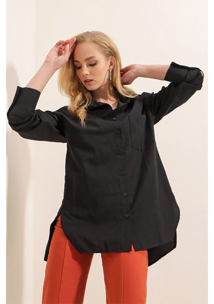 3952 Arkası Düğmeli Boyfriend Gömlek - Siyah indirimleri