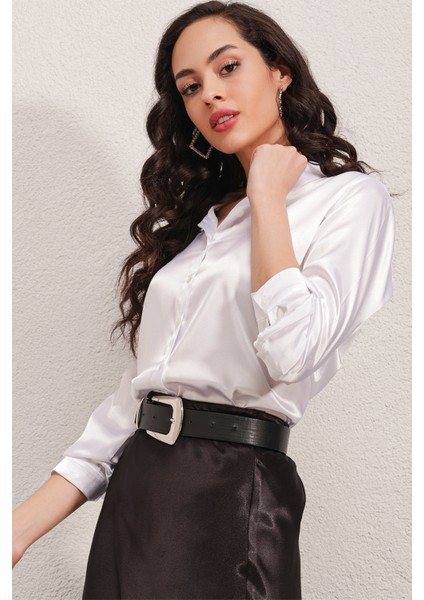 3964 Hafif Dökümlü Saten Gömlek - Beyaz fiyatları