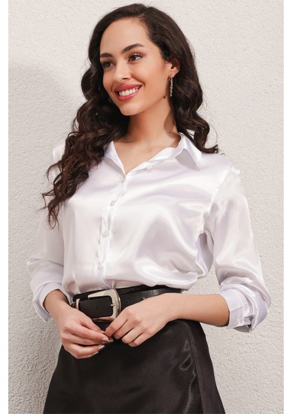 3964 Hafif Dökümlü Saten Gömlek - Beyaz modelleri