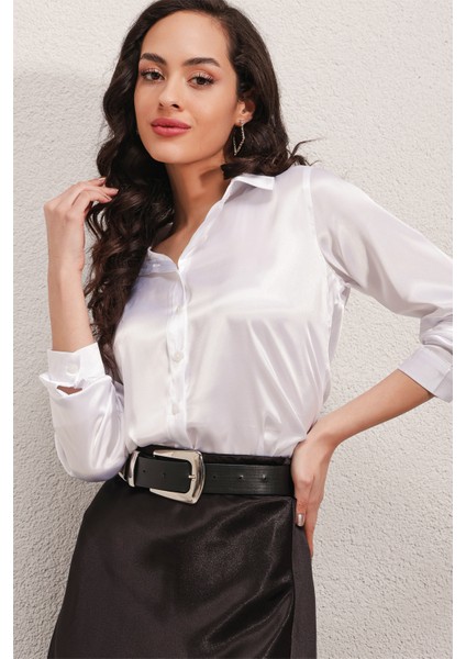 3964 Hafif Dökümlü Saten Gömlek - Beyaz fırsatları