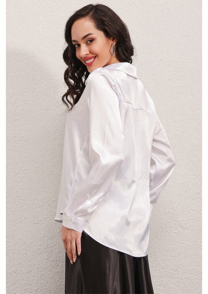 3964 Hafif Dökümlü Saten Gömlek - Beyaz indirimleri