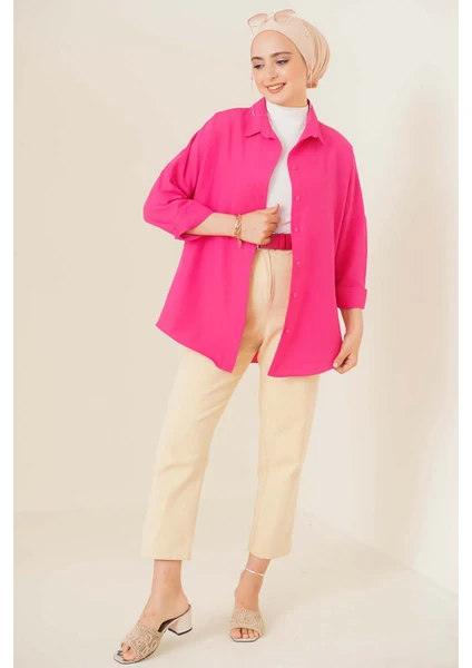 103901 Oversize Basic Tesettür Gömlek - Koyu Pembe