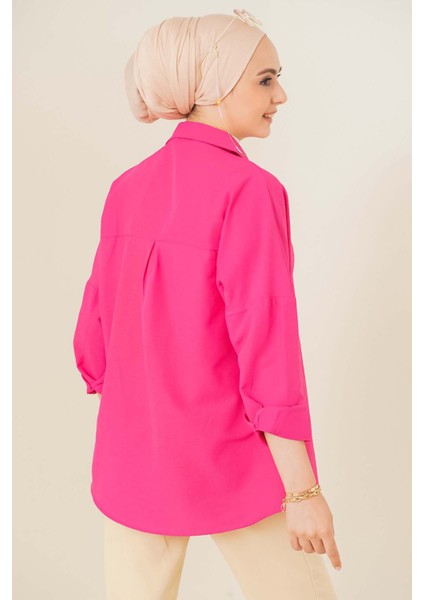 103901 Oversize Basic Tesettür Gömlek - Koyu Pembe