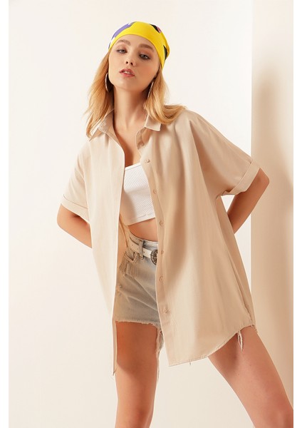20120 Oversize Kısa Kollu Gömlek - Krem