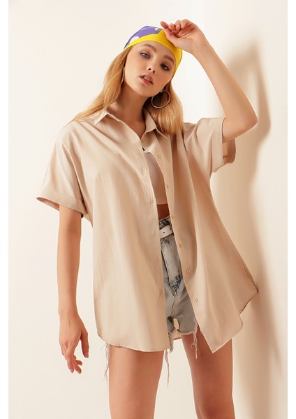 20120 Oversize Kısa Kollu Gömlek - Krem fiyatları
