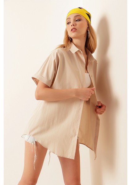 20120 Oversize Kısa Kollu Gömlek - Krem modelleri