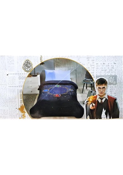 Mavi Harry Potter Hogwards Tek Kişilik Baskılı Battaniye