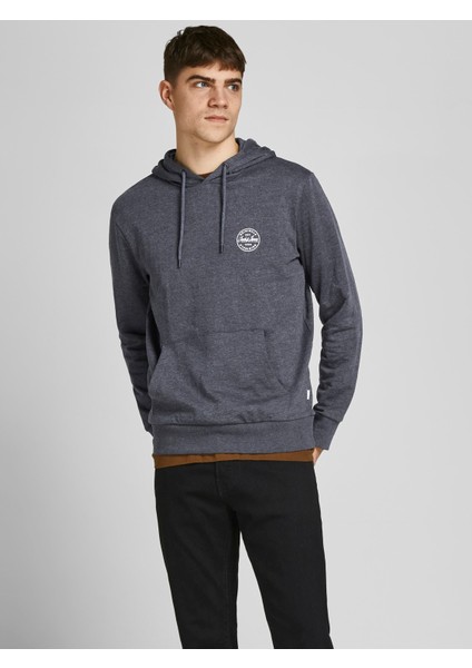 12205081 Jjeshark Sweat Hood Noos Erkek Sweat Dark Grey Melange/printwhite