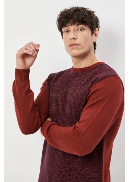 Erkek Bordo-lacivert Standart Fit Normal Kesim Bisiklet Yaka Petek Desenli Triko Kazak