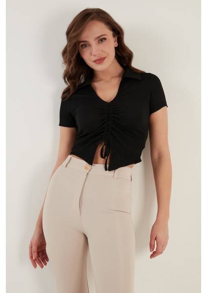 Büzgü Detaylı Polo Yaka Dar Kesim Crop Bluz Bayan Bluz 5865014 fiyatları