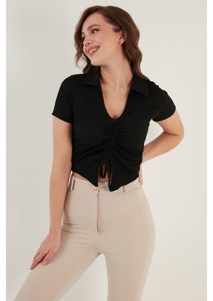 Büzgü Detaylı Polo Yaka Dar Kesim Crop Bluz Bayan Bluz 5865014 modelleri