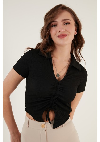 Büzgü Detaylı Polo Yaka Dar Kesim Crop Bluz Bayan Bluz 5865014