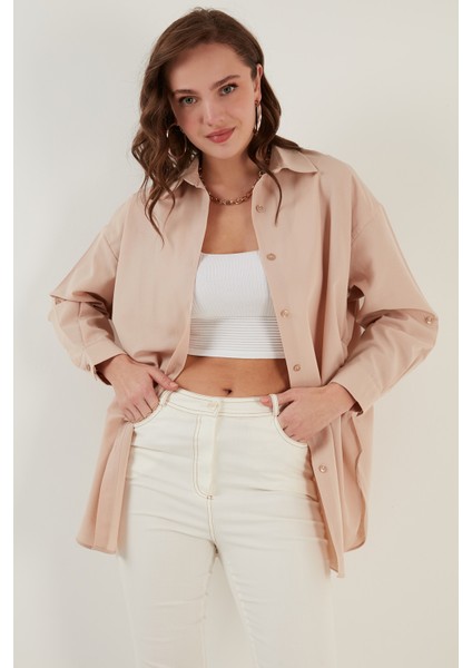 Büzgü Detaylı Pamuklu Rahat Kesim Gömlek Bayan Gömlek 6234779 modelleri