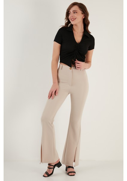 Büzgü Detaylı Polo Yaka Dar Kesim Crop Bluz Bayan Bluz 5865014 indirimleri