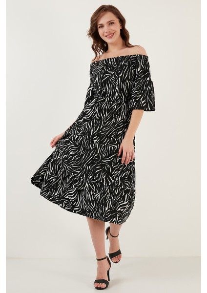 Çiçekli Carmen Yaka Truvakar Kol Midi Elbise Bayan Elbise 5863718