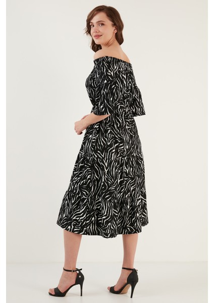 Çiçekli Carmen Yaka Truvakar Kol Midi Elbise Bayan Elbise 5863718 indirimleri