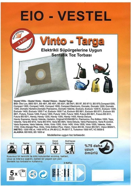 Özel Üretim 5 Adet Öko LUX-BBS55/1-BS48/1 Süpürge Toz Torbası %100 Toz Korumalı 3 Kat Elyaf
