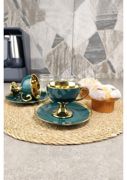 Kosova Porselen 2 Kişilik Yaldızlı Kahve Fincan Takımı Yeşil - Ist-63