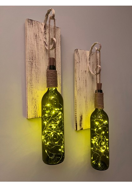 LED Işıklı Siyah Renkli Buzlu Eskitme Cam Salon Bar Bahçe Dekoru Şarap Şişesi Duvar Aplik 2'li Set