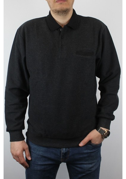 Giyim Erkek Polo Yaka Cepli Regular Kalıp Selanik Örgü Düz Renk Koyu Füme Sweatshirt SLN100