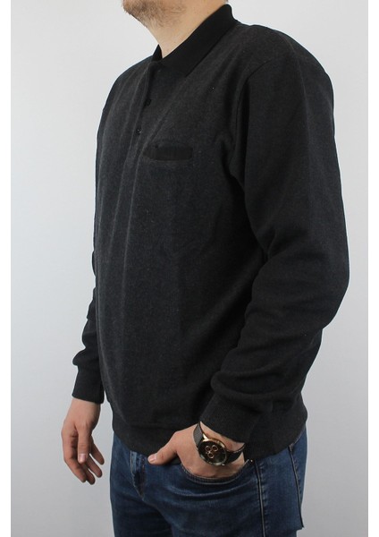 Giyim Erkek Polo Yaka Cepli Regular Kalıp Selanik Örgü Düz Renk Koyu Füme Sweatshirt SLN100 fiyatları