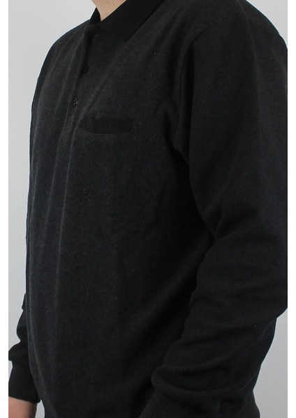 Giyim Erkek Polo Yaka Cepli Regular Kalıp Selanik Örgü Düz Renk Koyu Füme Sweatshirt SLN100 modelleri