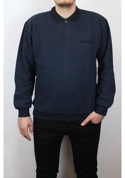 Giyim Erkek Polo Yaka Cepli Regular Kalıp Selanik Örgü Düz Renk Lacivert Sweatshirt SLN100