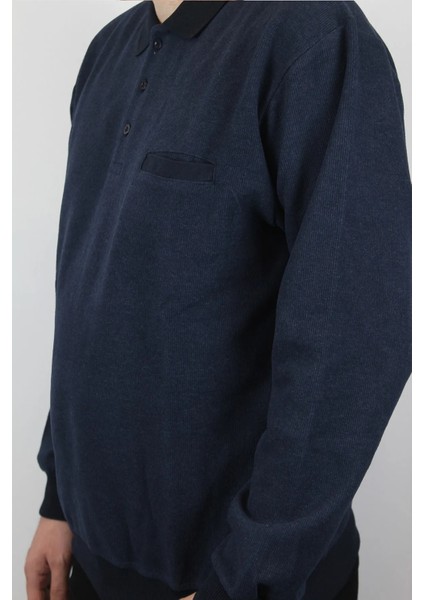Giyim Erkek Polo Yaka Cepli Regular Kalıp Selanik Örgü Düz Renk Lacivert Sweatshirt SLN100 modelleri