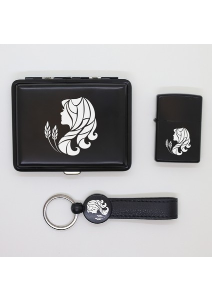Kişiye Özel Başak Burcu Metal Tabaka, Zippo Çakmak ve Anahtarlık Seti